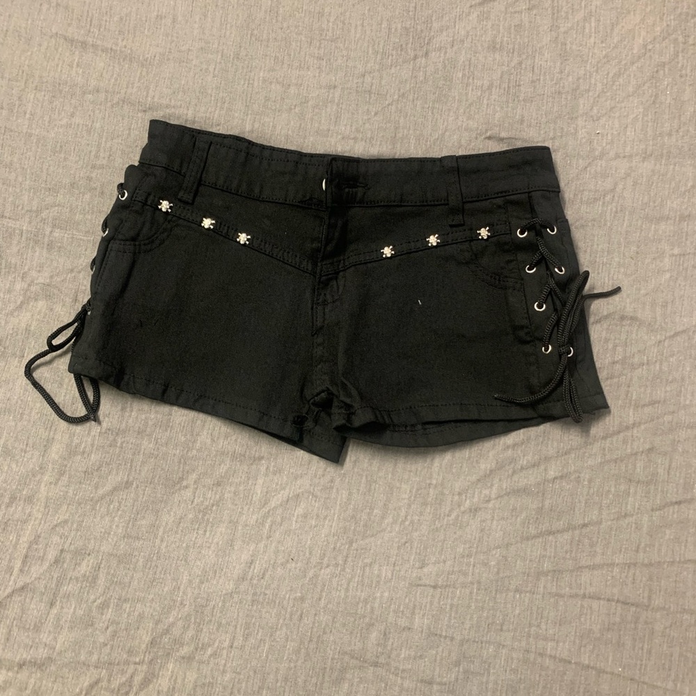 Black Jean Shorts with Studded Waistband and Distressed Look